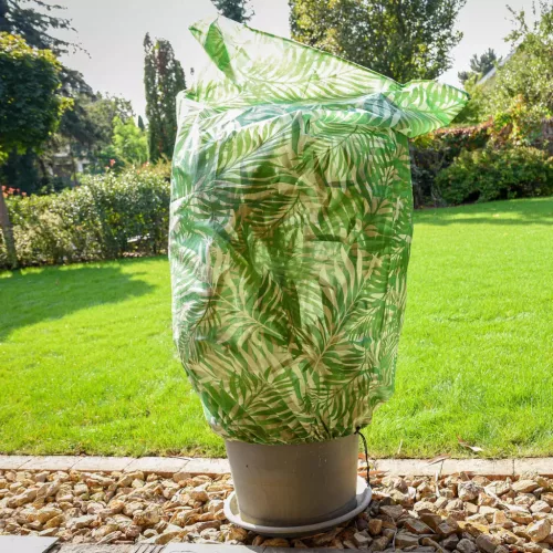 HIVERSAC DECO nyomtatott mintás áttelelő növénytakaró zsák - zöld, levél mintás 1 x 1,50 m Ø 65cm