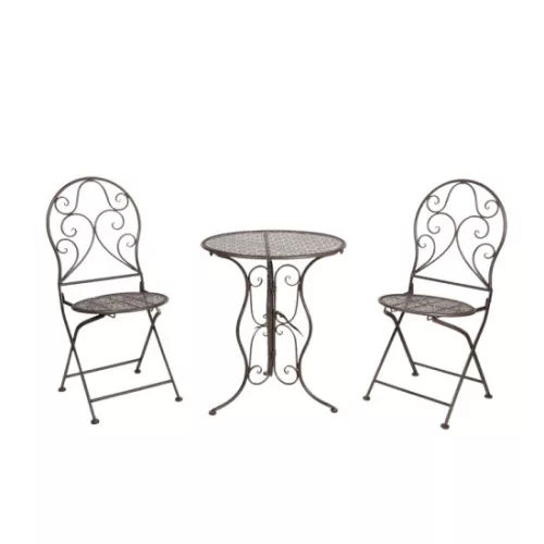 Kovácsoltvas jellegű asztal 2db székkel,fekete 60x70cm/40x40x92cm