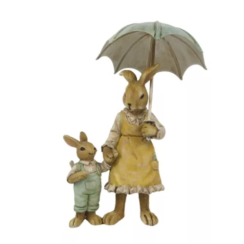 Esernyős nyuszimama kisnyuszival, 9x4x13cm, műanyag dekorfigura