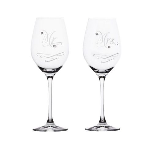 TALPAS ÜVEGPOHÁR "MR & MRS" FELIRATTAL, SWAROVSKI DÍSSZEL