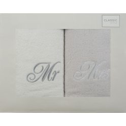   Mr és Mrs hímzett törölköző szett 2db 50x90 cm Fehér/ezüst