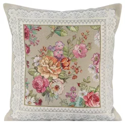  Virágmotívumokkal díszített gobelin párnahuzat Olívazöld/rózsaszín 45x45 cm +/-5%
