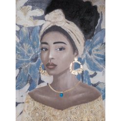   Női portrét ábrázoló kézzel festett kollázs falikép 506 Kék/arany 90x120 cm