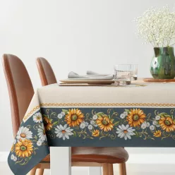   Napraforgó és margaréta mintás gobelin asztalterítő Natúr/sötétkék 140x180 cm +/- 5%