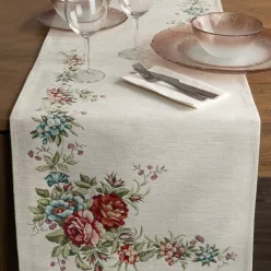   Virágmintás gobelin asztali futó zsenília fonalból Natúr 40x100 cm