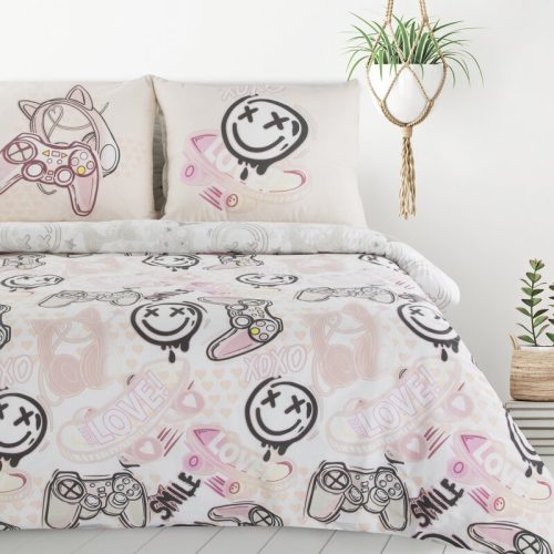 Gamer gyermek pamut ágyneműhuzat Fehér/rózsaszín 140x200 cm - 70x80 cm 1db