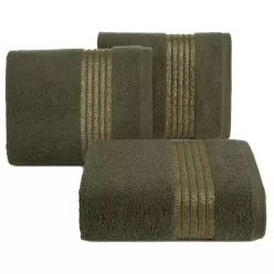   Lilla pamut törölköző keskeny fényes csíkokkal Olívazöld 70x140 cm