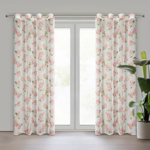 Mela rózsa mintás etamin függöny arany nyomattal Fehér 140x250 cm