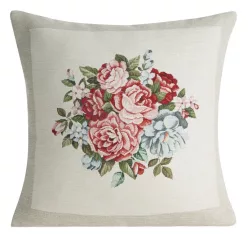  Gobelin párnahuzat zsenília fonalból piros és kék virágokkal Natúr 45x45 cm +/-5%