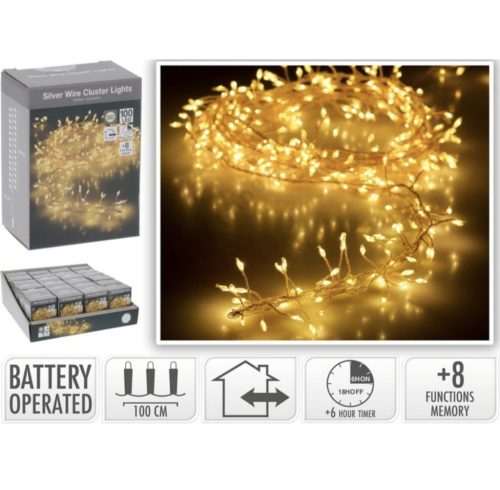 LED fényfüzér, ezüst vezetékkel, 100 LED, 1m, meleg fehér 