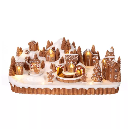 Dioráma mézeskalács város mozgó vonattal, LED-es poly 41x17x18,3 cm barna, fehér