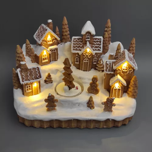 Dioráma mézeskalács falu mozgó fenyővel, LED-es poly 24,5x16x16,3cm barna, fehér
